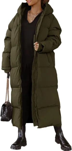 Shanfetl Women Long Quilted Coat Hooded Maxi Length Long Sleeve Puffer Jacket Padded Coat Winter Outerwear