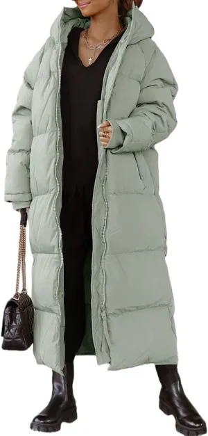 Shanfetl Women Long Quilted Coat Hooded Maxi Length Long Sleeve Puffer Jacket Padded Coat Winter Outerwear