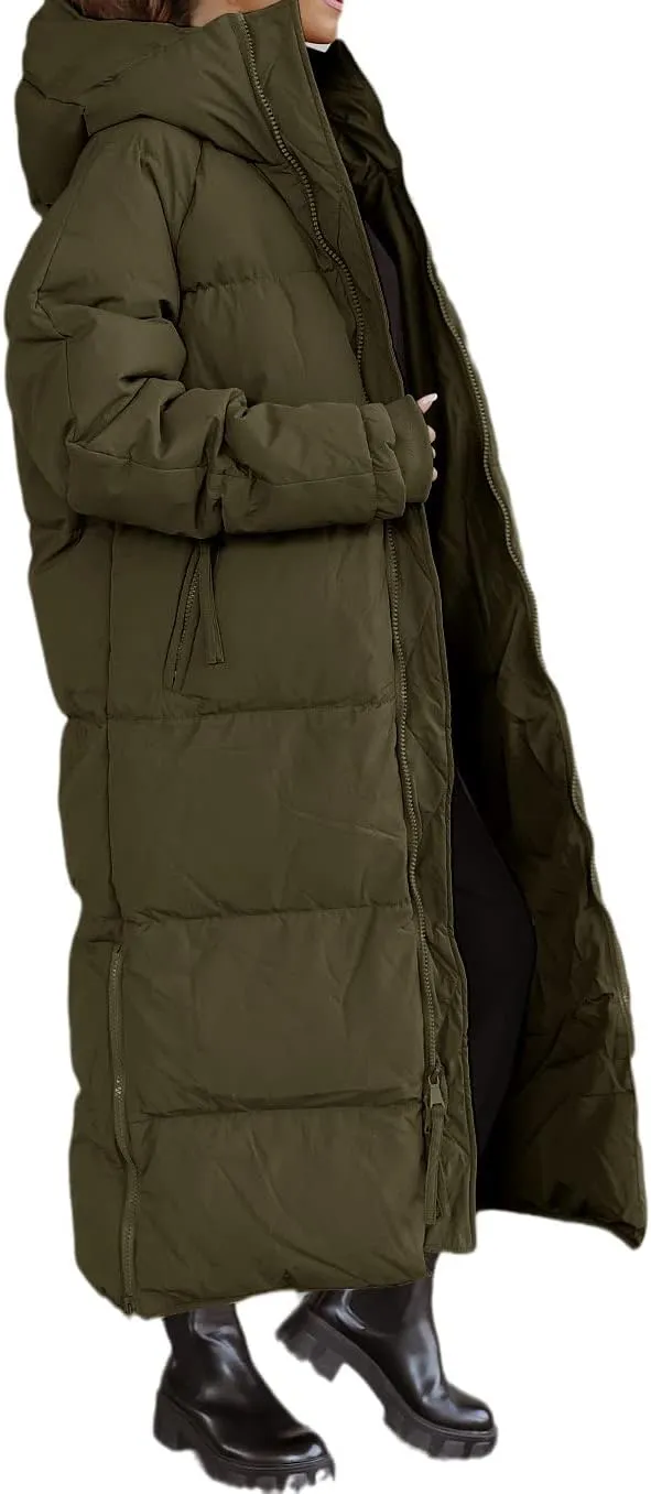 Shanfetl Women Long Quilted Coat Hooded Maxi Length Long Sleeve Puffer Jacket Padded Coat Winter Outerwear