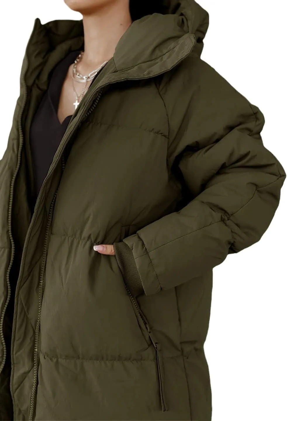 Shanfetl Women Long Quilted Coat Hooded Maxi Length Long Sleeve Puffer Jacket Padded Coat Winter Outerwear
