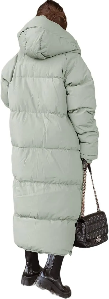 Shanfetl Women Long Quilted Coat Hooded Maxi Length Long Sleeve Puffer Jacket Padded Coat Winter Outerwear