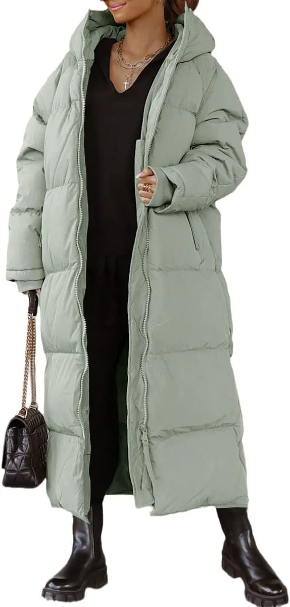 Shanfetl Women Long Quilted Coat Hooded Maxi Length Long Sleeve Puffer Jacket Padded Coat Winter Outerwear