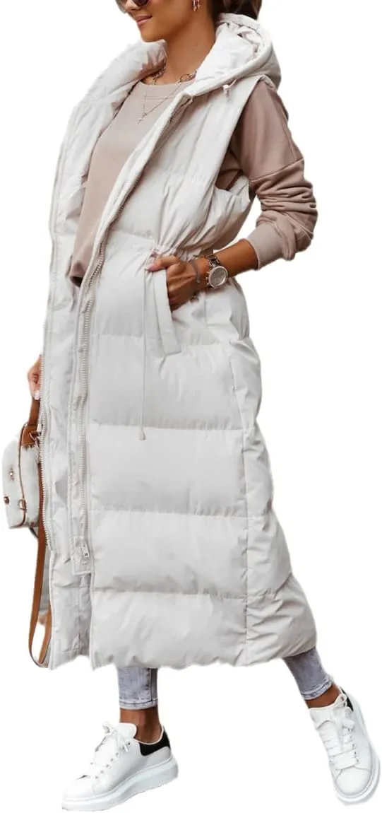 Shanfetl Women's Long Quilted Vest Hooded Maxi Length Sleeveless Puffer Vest Padded Coat Winter Outerwear