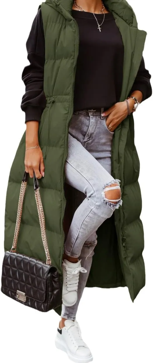 Shanfetl Women's Long Quilted Vest Hooded Maxi Length Sleeveless Puffer Vest Padded Coat Winter Outerwear