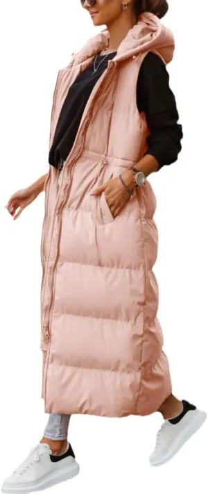 Shanfetl Women's Long Quilted Vest Hooded Maxi Length Sleeveless Puffer Vest Padded Coat Winter Outerwear