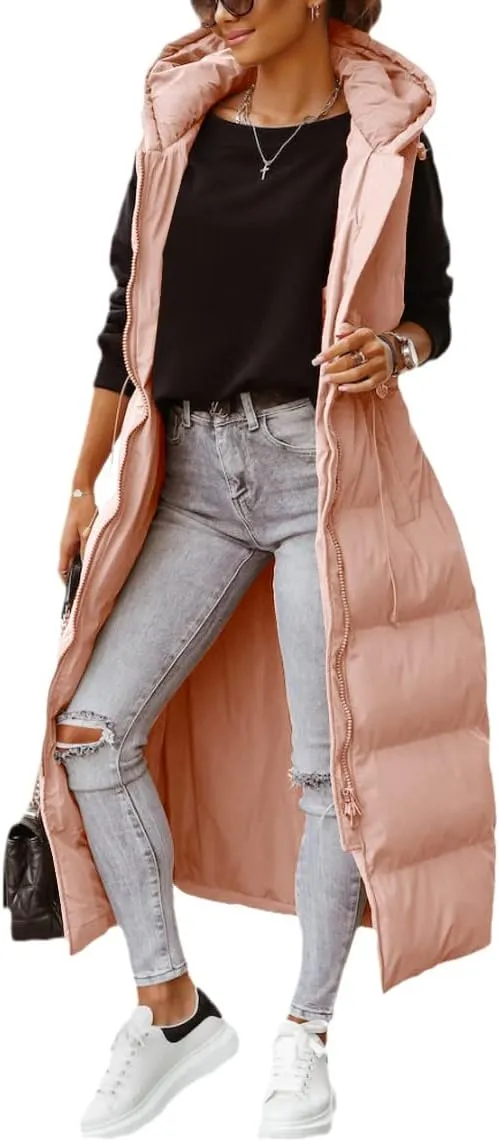 Shanfetl Women's Long Quilted Vest Hooded Maxi Length Sleeveless Puffer Vest Padded Coat Winter Outerwear