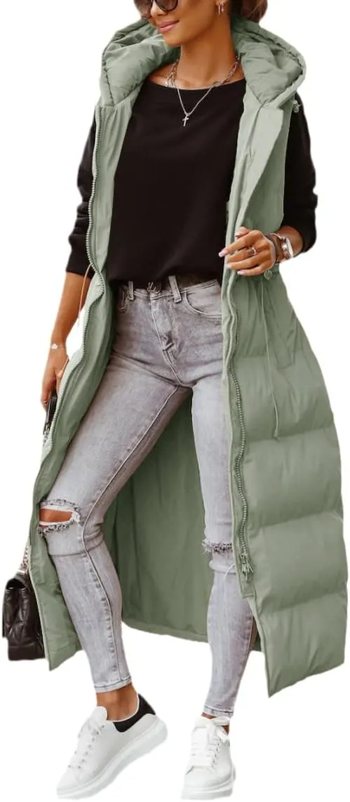Shanfetl Women's Long Quilted Vest Hooded Maxi Length Sleeveless Puffer Vest Padded Coat Winter Outerwear