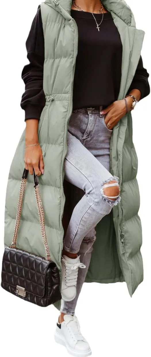 Shanfetl Women's Long Quilted Vest Hooded Maxi Length Sleeveless Puffer Vest Padded Coat Winter Outerwear