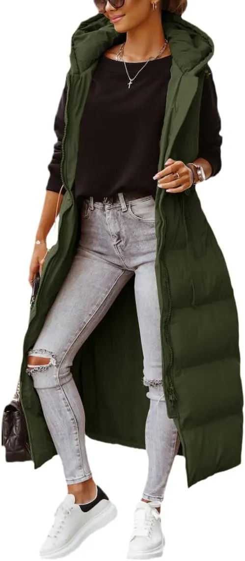 Shanfetl Women's Long Quilted Vest Hooded Maxi Length Sleeveless Puffer Vest Padded Coat Winter Outerwear