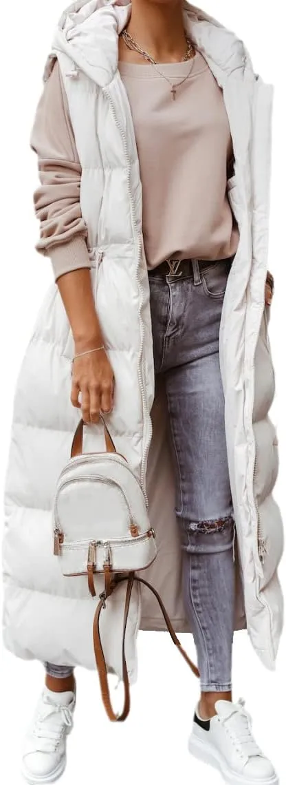 Shanfetl Women's Long Quilted Vest Hooded Maxi Length Sleeveless Puffer Vest Padded Coat Winter Outerwear