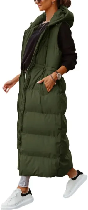 Shanfetl Women's Long Quilted Vest Hooded Maxi Length Sleeveless Puffer Vest Padded Coat Winter Outerwear