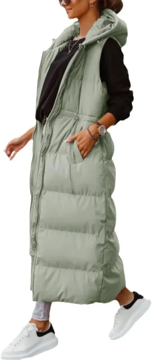 Shanfetl Women's Long Quilted Vest Hooded Maxi Length Sleeveless Puffer Vest Padded Coat Winter Outerwear