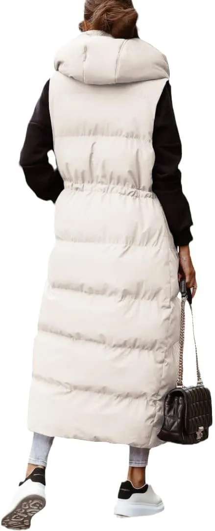 Shanfetl Women's Long Quilted Vest Hooded Maxi Length Sleeveless Puffer Vest Padded Coat Winter Outerwear