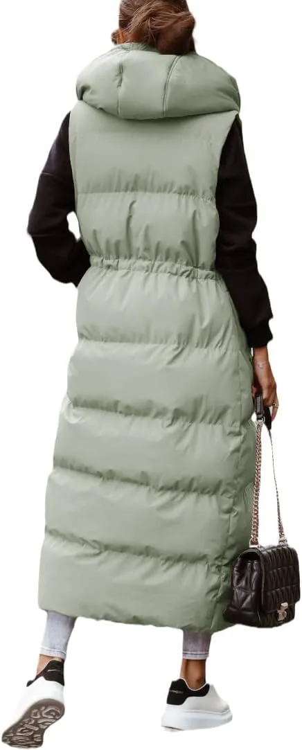 Shanfetl Women's Long Quilted Vest Hooded Maxi Length Sleeveless Puffer Vest Padded Coat Winter Outerwear