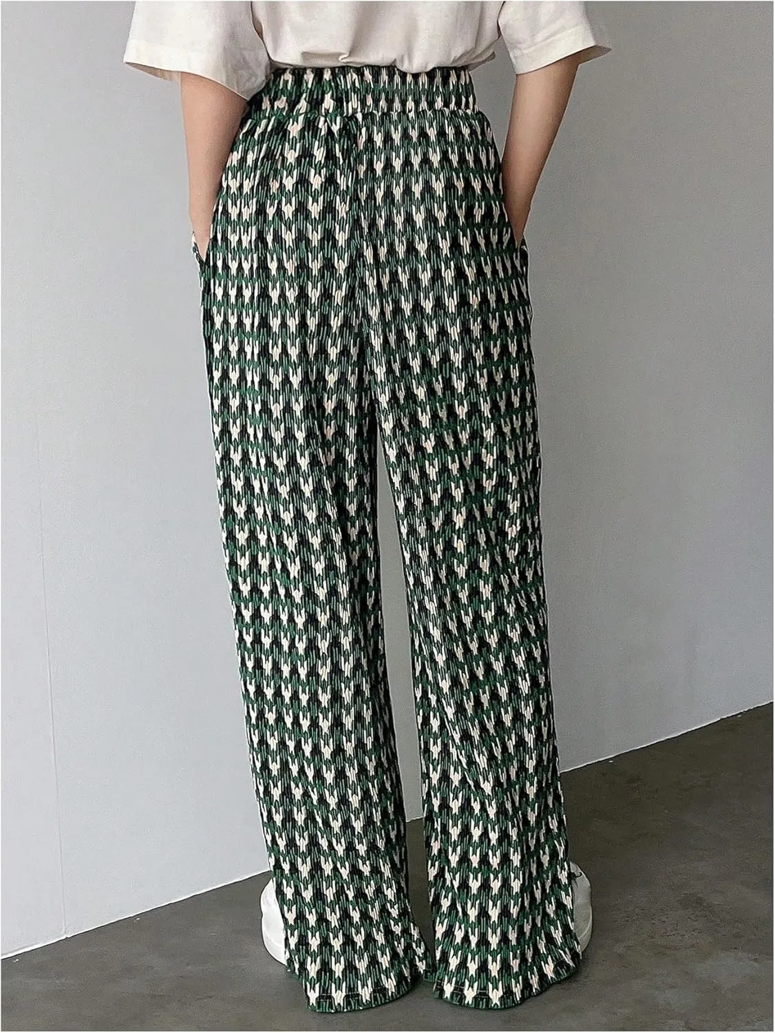 SHENHE Women's Checkered Pants Split Hem Straight Leg Elastic Waist Casual Loose Pants