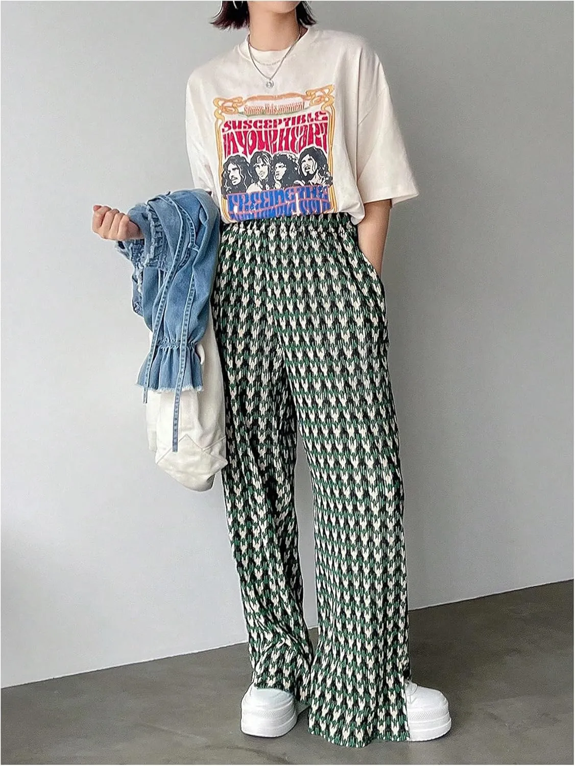 SHENHE Women's Checkered Pants Split Hem Straight Leg Elastic Waist Casual Loose Pants