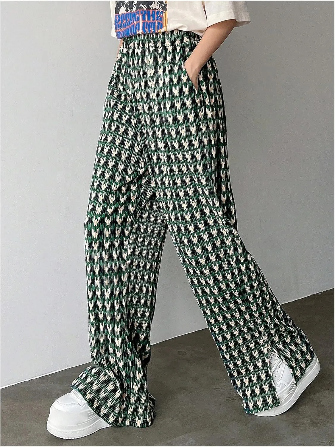 SHENHE Women's Checkered Pants Split Hem Straight Leg Elastic Waist Casual Loose Pants