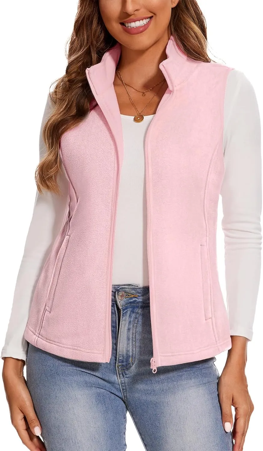 SMENG Women's Polar Fleece Zipper Vest Sleeveless Stand Collar Jacket Soft Warm Outerwear Coat Vest with 4 Pockets