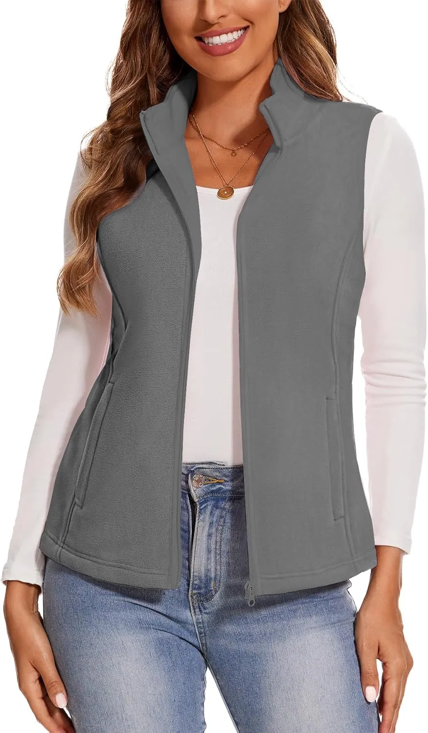 SMENG Women's Polar Fleece Zipper Vest Sleeveless Stand Collar Jacket Soft Warm Outerwear Coat Vest with 4 Pockets
