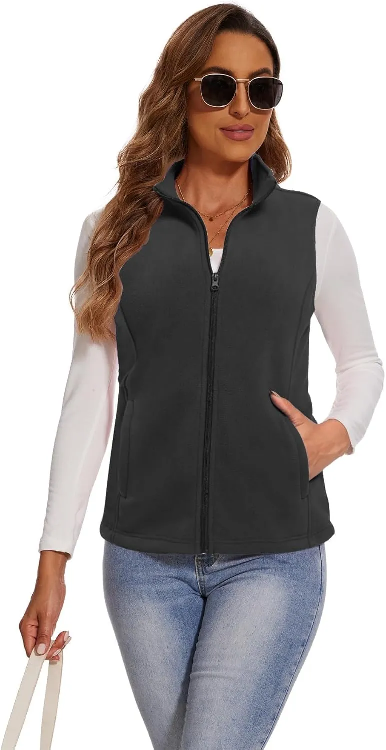 SMENG Women's Polar Fleece Zipper Vest Sleeveless Stand Collar Jacket Soft Warm Outerwear Coat Vest with 4 Pockets