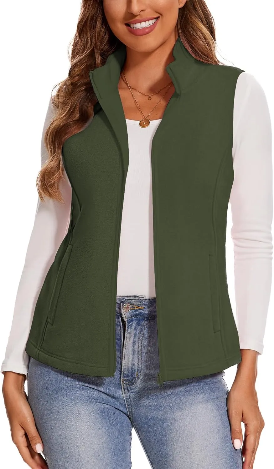 SMENG Women's Polar Fleece Zipper Vest Sleeveless Stand Collar Jacket Soft Warm Outerwear Coat Vest with 4 Pockets