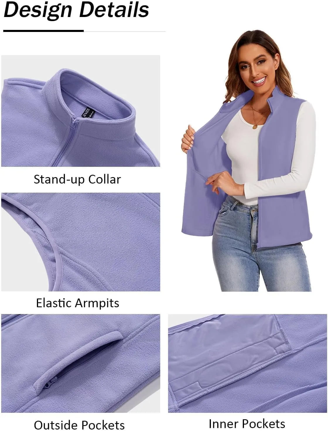 SMENG Women's Polar Fleece Zipper Vest Sleeveless Stand Collar Jacket Soft Warm Outerwear Coat Vest with 4 Pockets