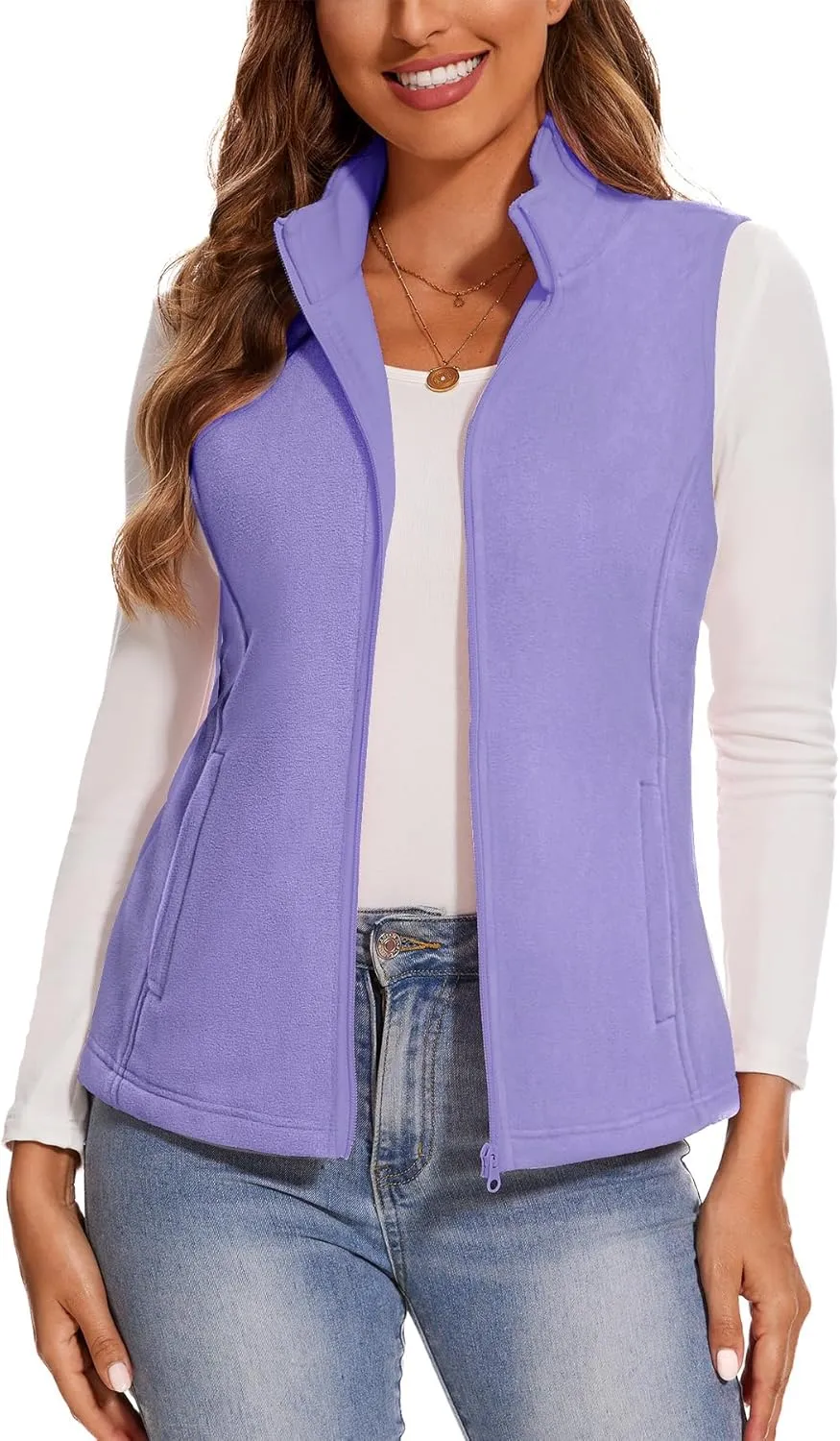 SMENG Women's Polar Fleece Zipper Vest Sleeveless Stand Collar Jacket Soft Warm Outerwear Coat Vest with 4 Pockets