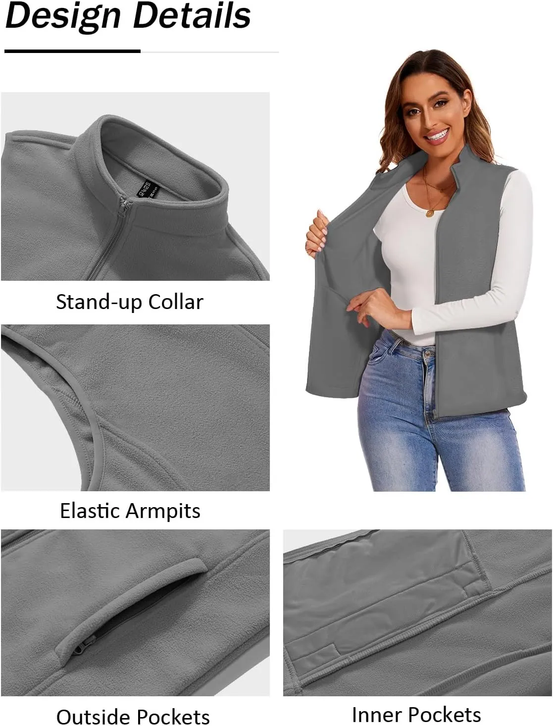 SMENG Women's Polar Fleece Zipper Vest Sleeveless Stand Collar Jacket Soft Warm Outerwear Coat Vest with 4 Pockets