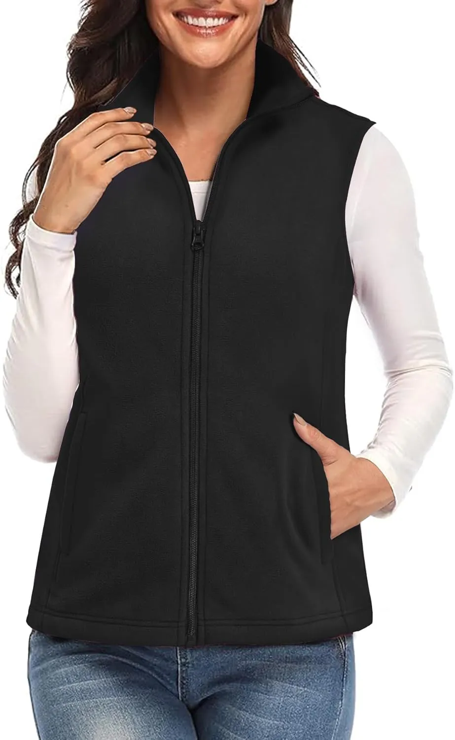 SMENG Women's Polar Fleece Zipper Vest Sleeveless Stand Collar Jacket Soft Warm Outerwear Coat Vest with 4 Pockets