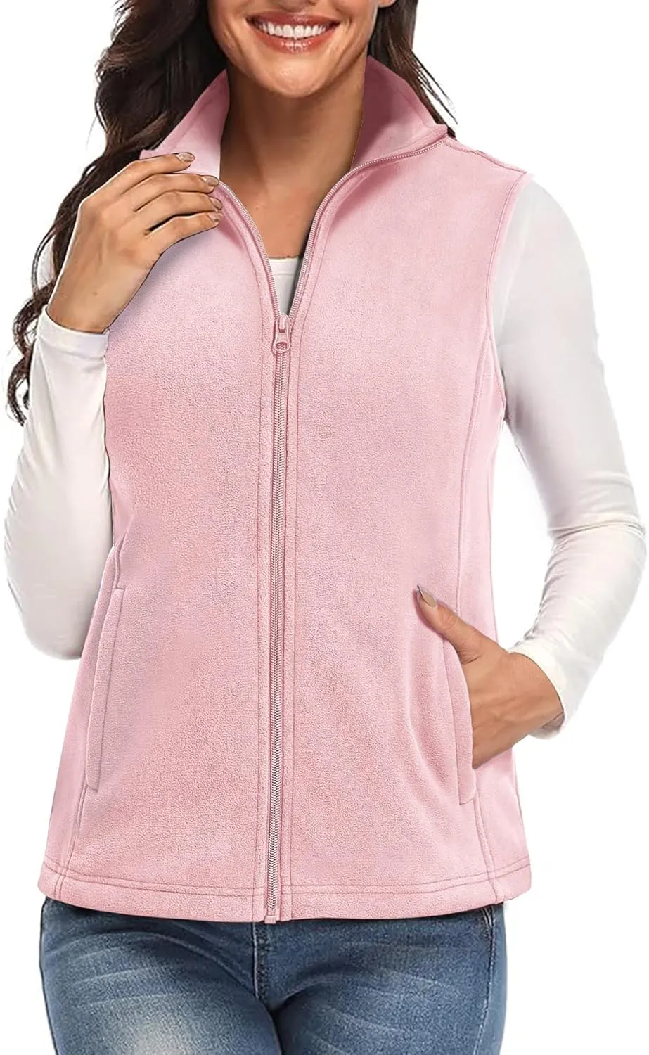 SMENG Women's Polar Fleece Zipper Vest Sleeveless Stand Collar Jacket Soft Warm Outerwear Coat Vest with 4 Pockets