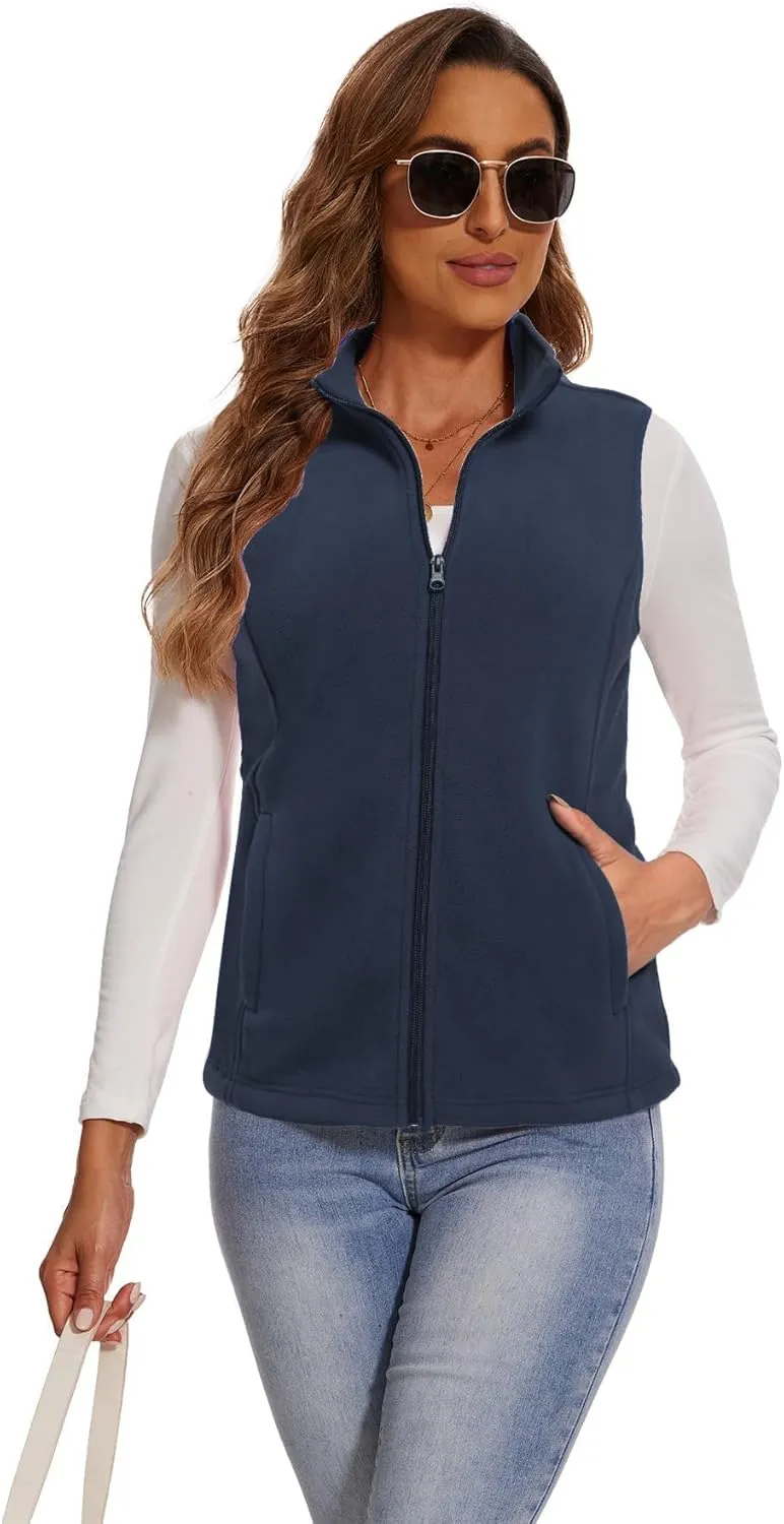 SMENG Women's Polar Fleece Zipper Vest Sleeveless Stand Collar Jacket Soft Warm Outerwear Coat Vest with 4 Pockets