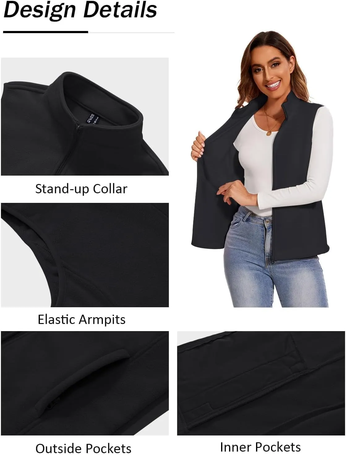 SMENG Women's Polar Fleece Zipper Vest Sleeveless Stand Collar Jacket Soft Warm Outerwear Coat Vest with 4 Pockets