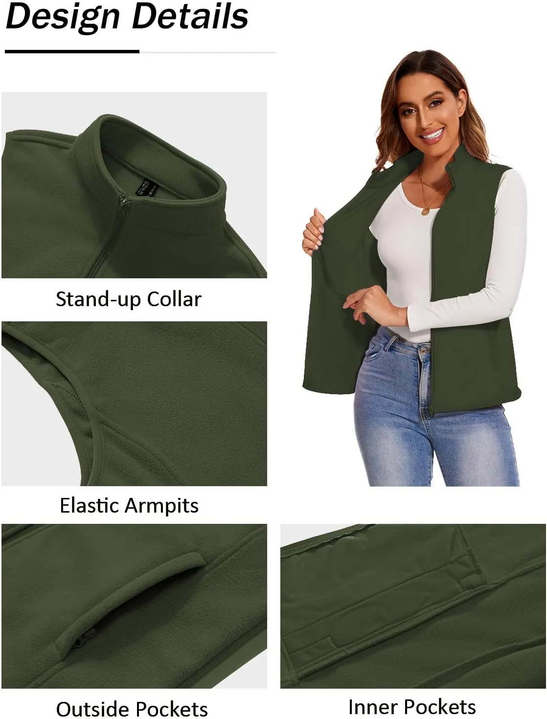 SMENG Women's Polar Fleece Zipper Vest Sleeveless Stand Collar Jacket Soft Warm Outerwear Coat Vest with 4 Pockets