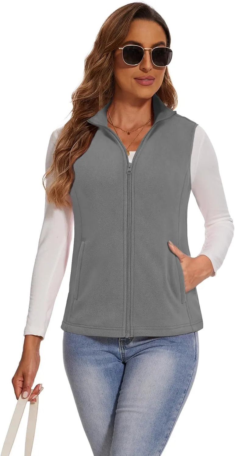 SMENG Women's Polar Fleece Zipper Vest Sleeveless Stand Collar Jacket Soft Warm Outerwear Coat Vest with 4 Pockets