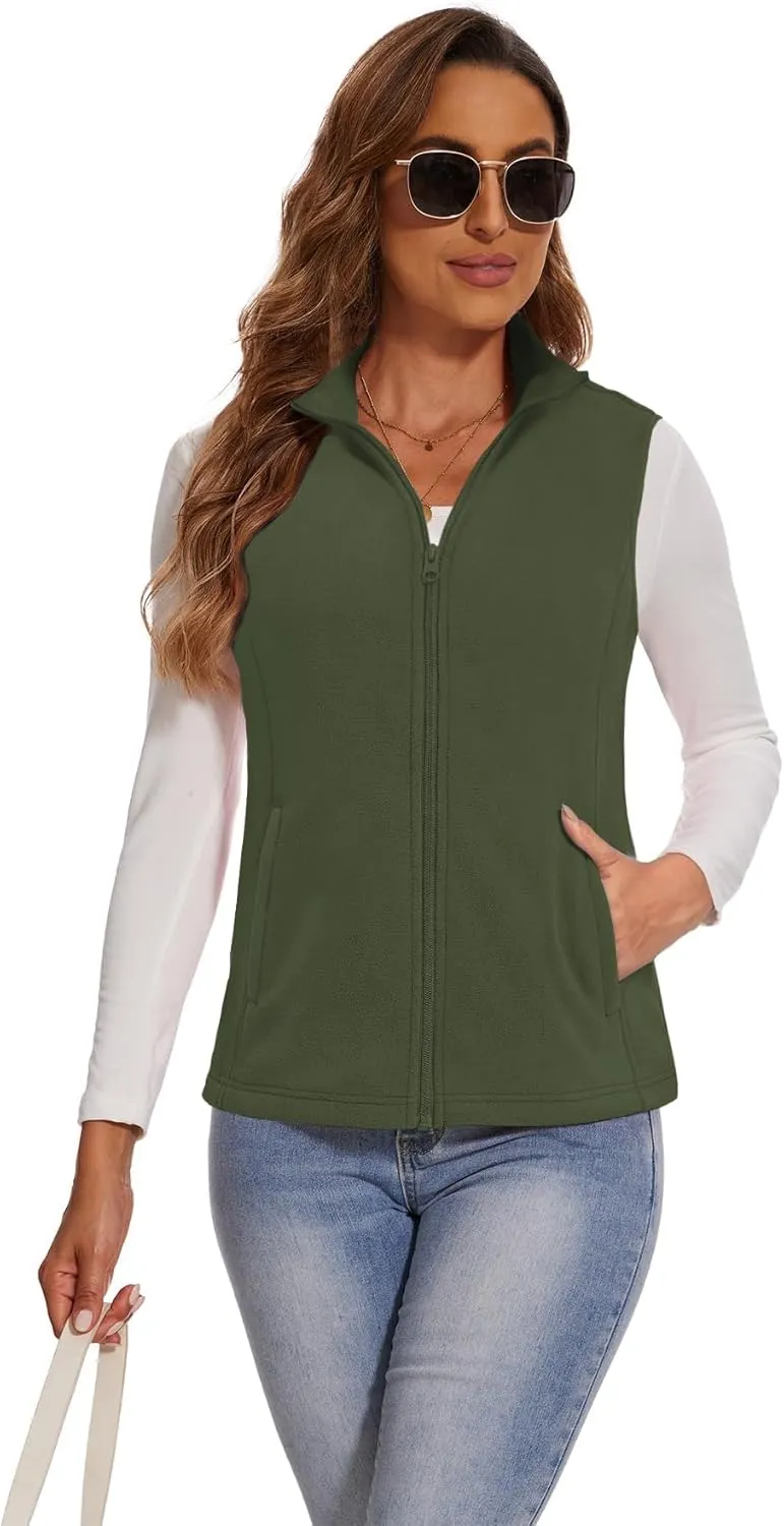 SMENG Women's Polar Fleece Zipper Vest Sleeveless Stand Collar Jacket Soft Warm Outerwear Coat Vest with 4 Pockets