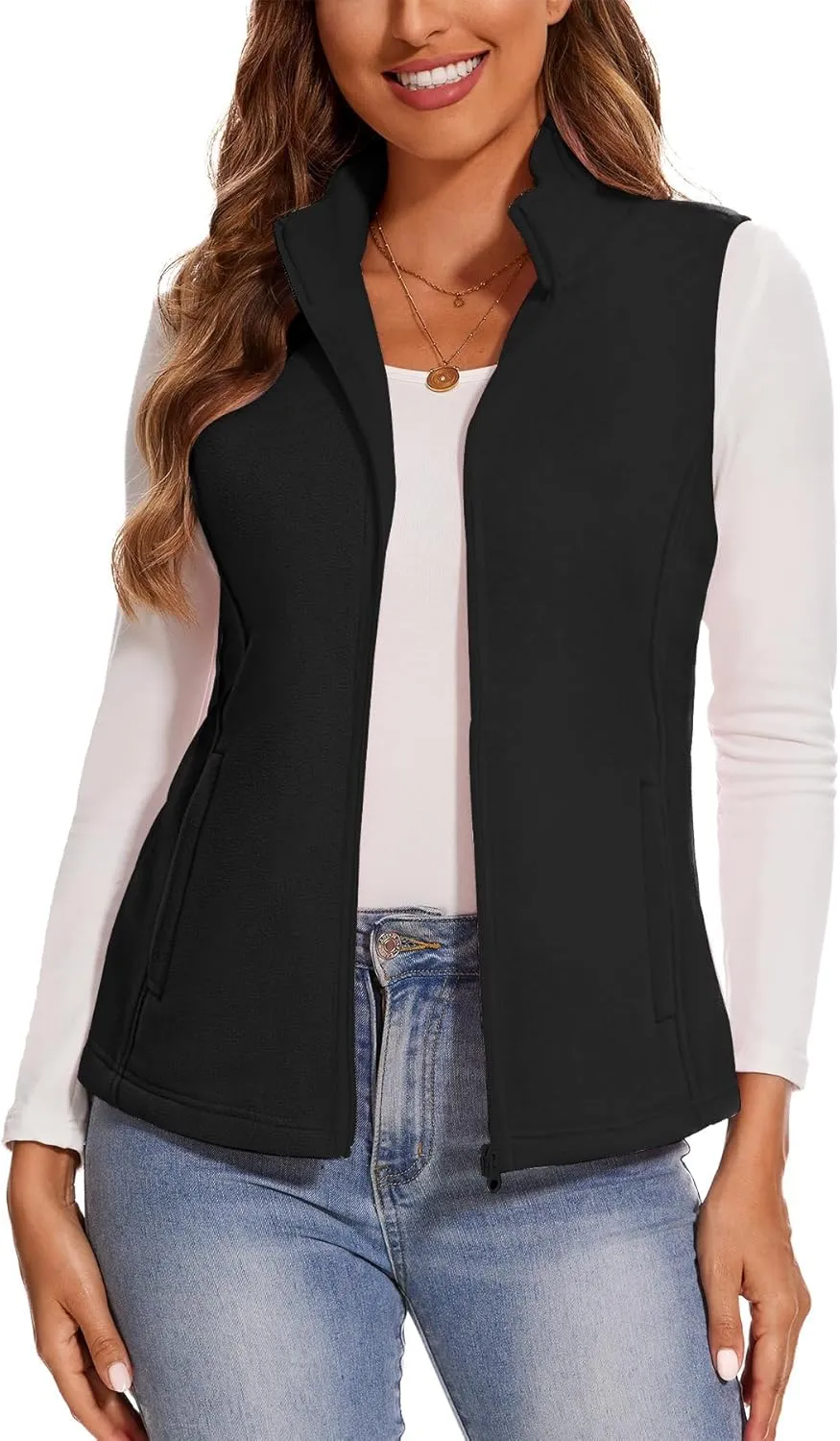 SMENG Women's Polar Fleece Zipper Vest Sleeveless Stand Collar Jacket Soft Warm Outerwear Coat Vest with 4 Pockets