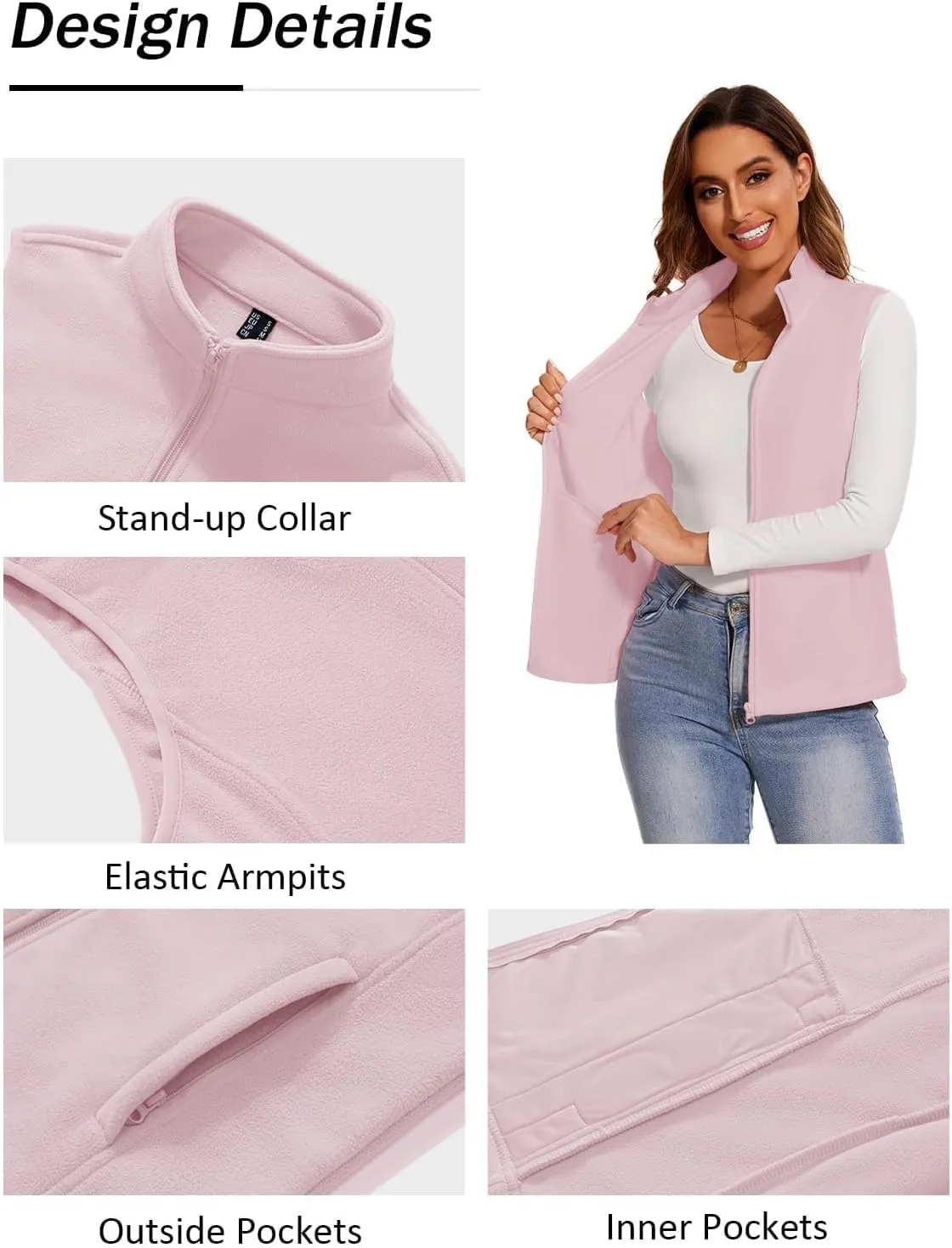 SMENG Women's Polar Fleece Zipper Vest Sleeveless Stand Collar Jacket Soft Warm Outerwear Coat Vest with 4 Pockets