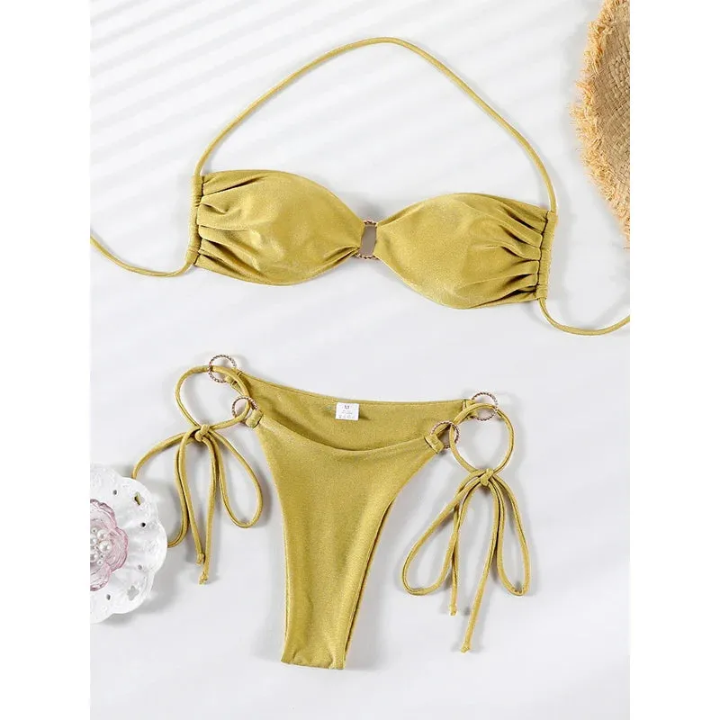 Solid Color Bikinis Push Up Swimwear Women Halter Set