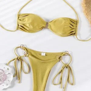 Solid Color Bikinis Push Up Swimwear Women Halter Set