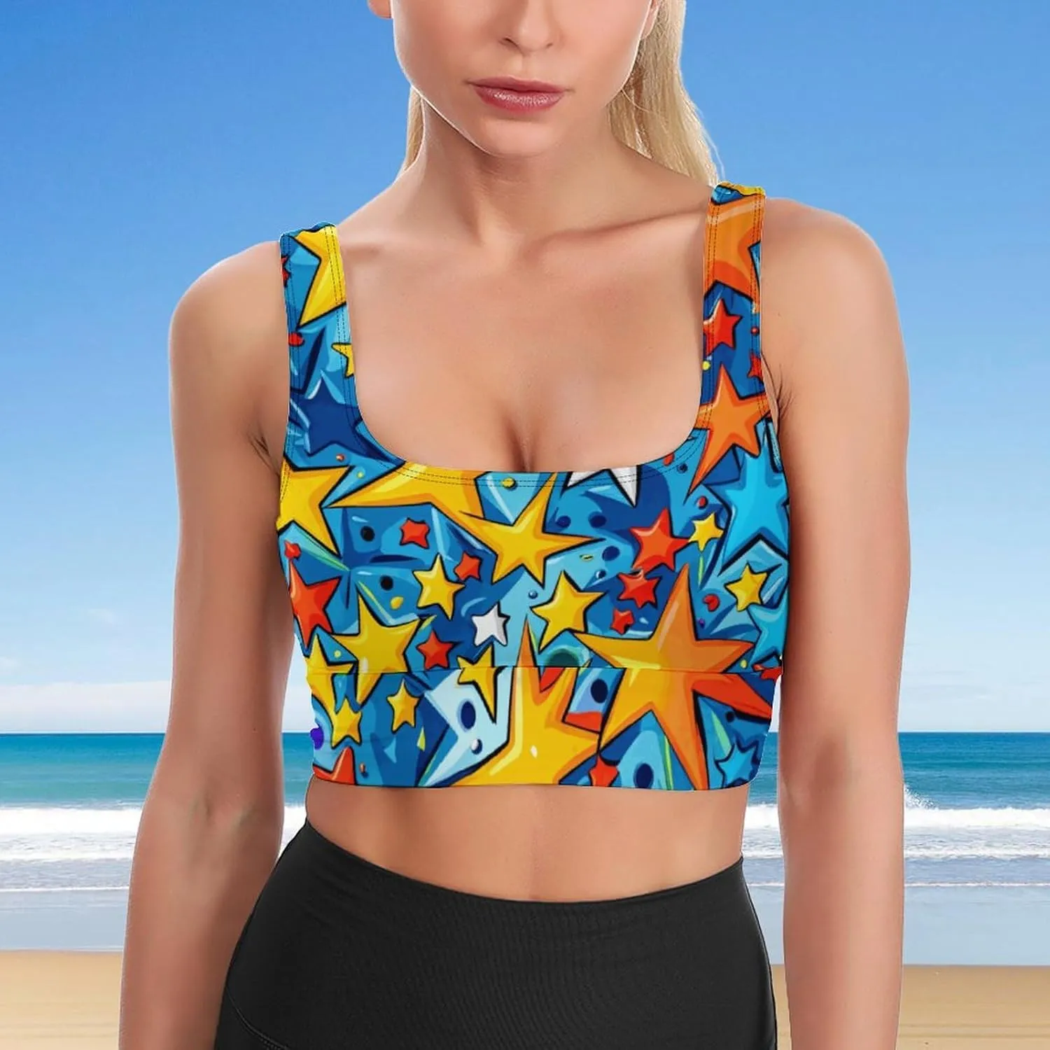 Sports Bra Stars Graffiti Tank Tops for Women Soft Padded Workout Yoga Top