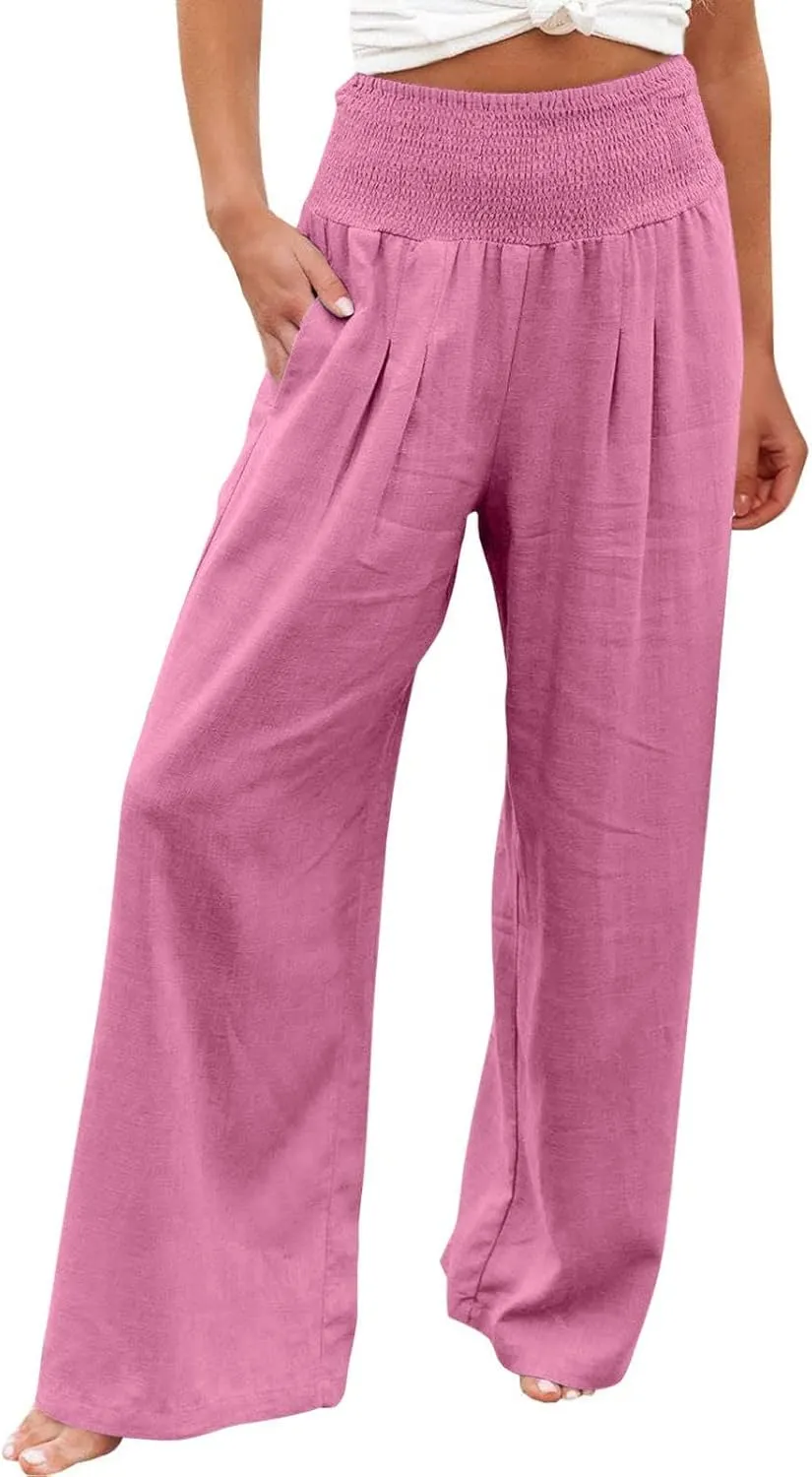 Striped Linen Blend Pants for Women Linen Pants for Women Flowy Wide Leg High Waisted Palazzo Beach Pants Summer