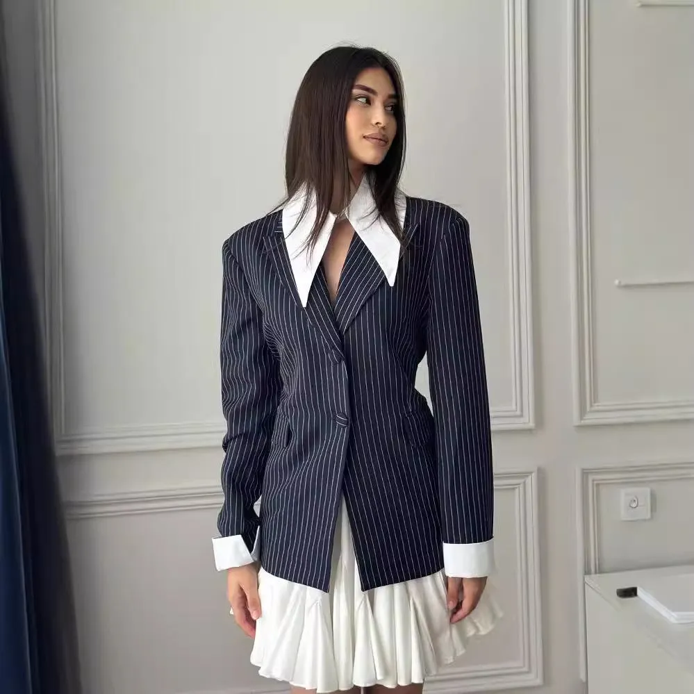 Striped print lapel suit jacket