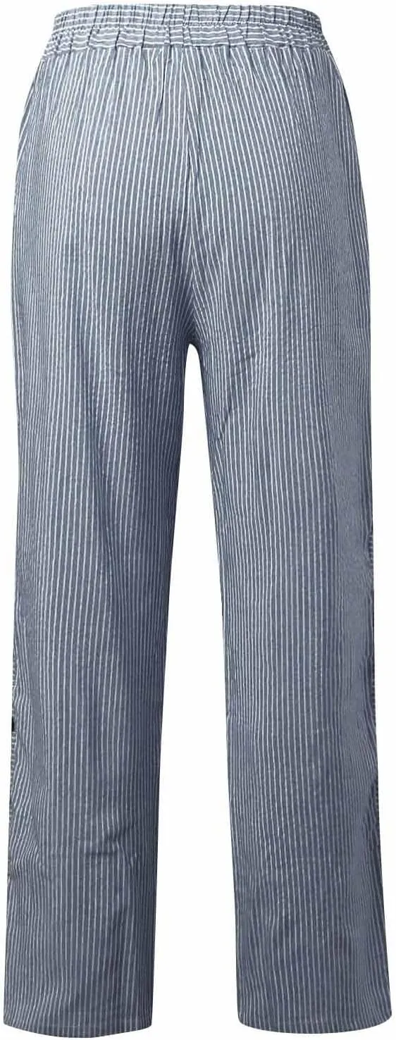 Summer Pants Women, Straight Leg Casual Pants Peasant Linen Elastic Waist Trendy