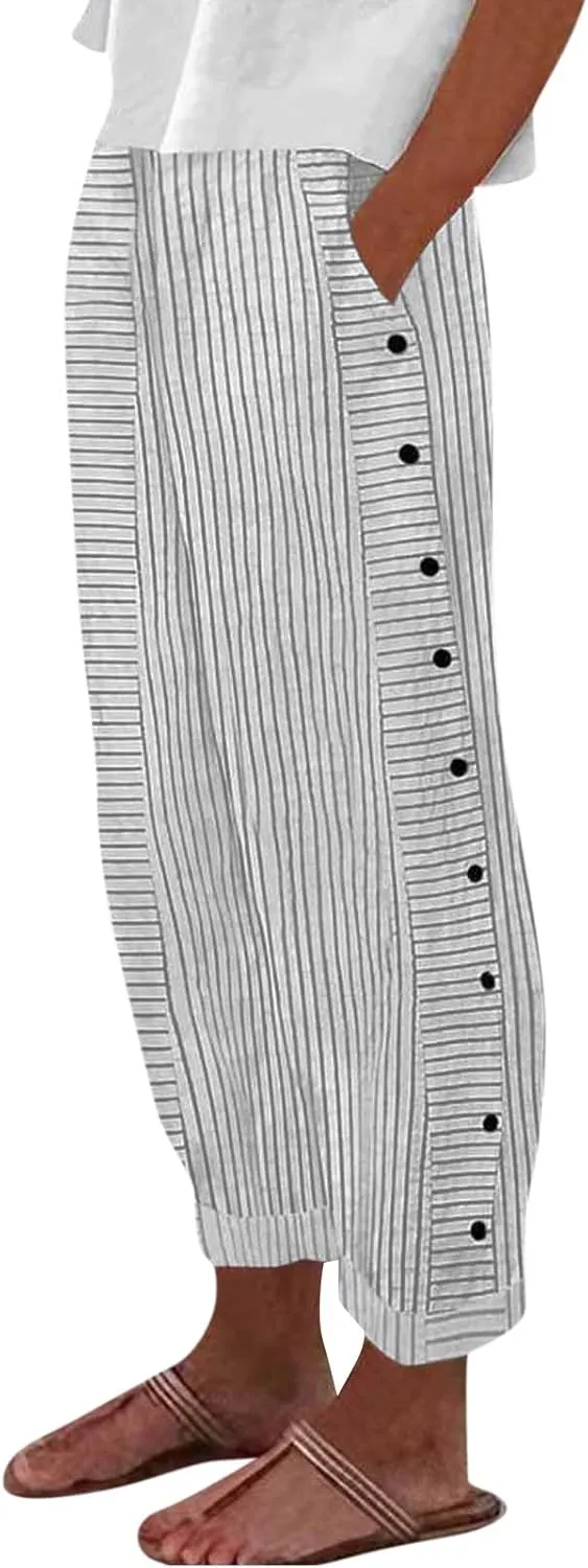 Summer Pants Women, Straight Leg Casual Pants Peasant Linen Elastic Waist Trendy