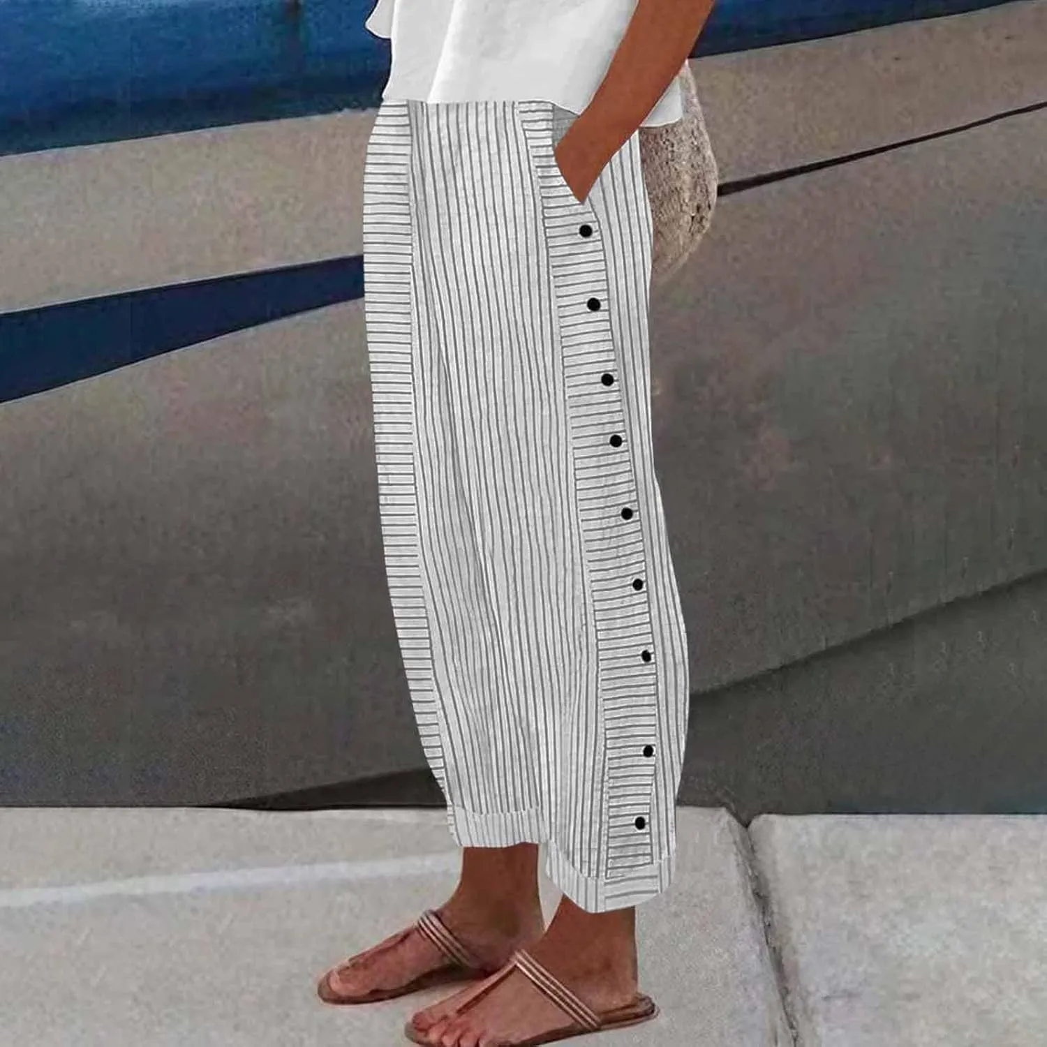 Summer Pants Women, Straight Leg Casual Pants Peasant Linen Elastic Waist Trendy