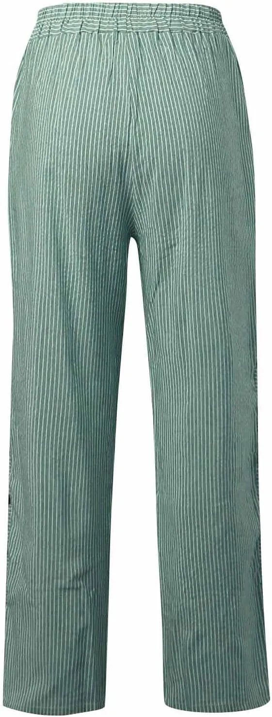 Summer Pants Women, Straight Leg Casual Pants Peasant Linen Elastic Waist Trendy