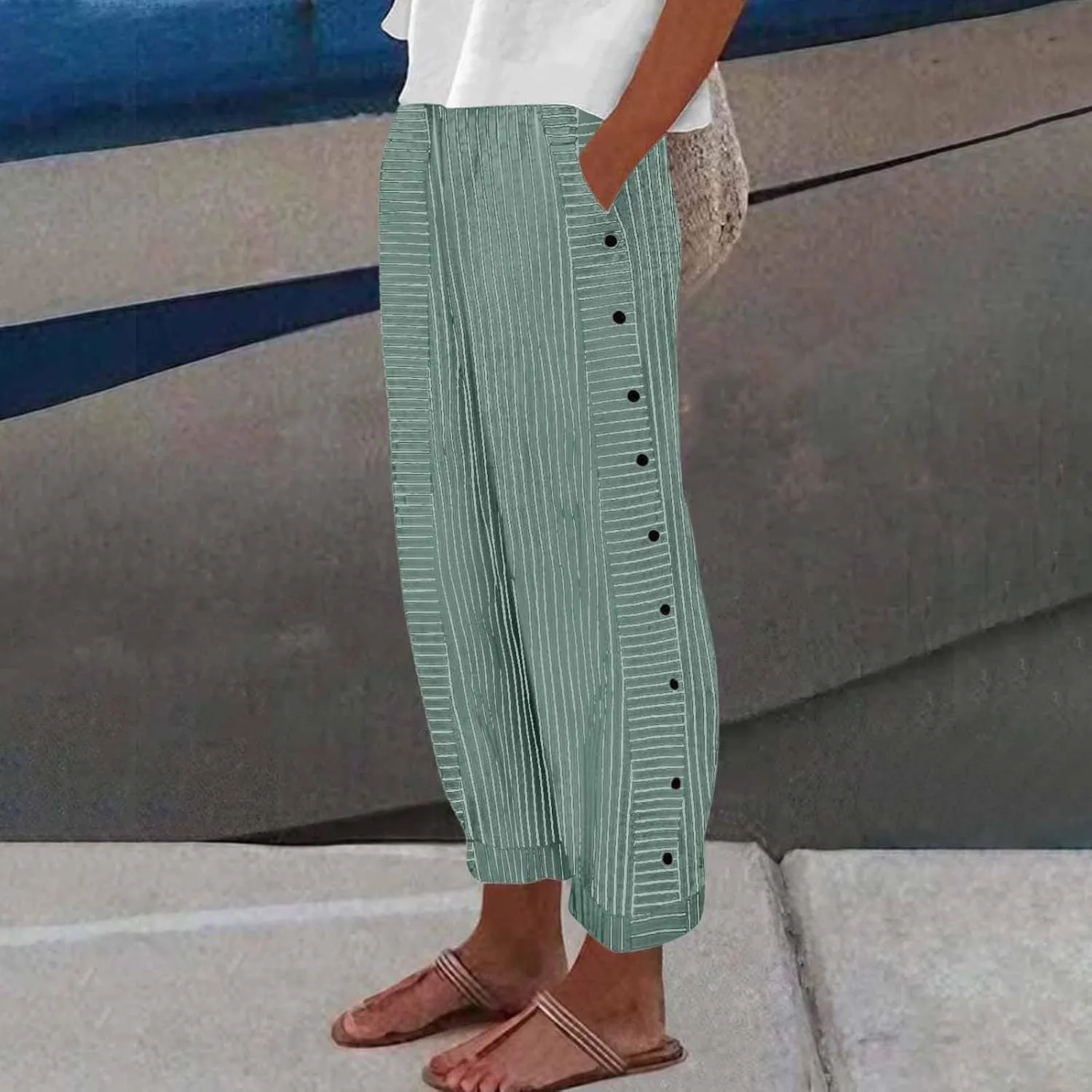 Summer Pants Women, Straight Leg Casual Pants Peasant Linen Elastic Waist Trendy