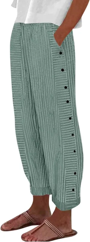Summer Pants Women, Straight Leg Casual Pants Peasant Linen Elastic Waist Trendy