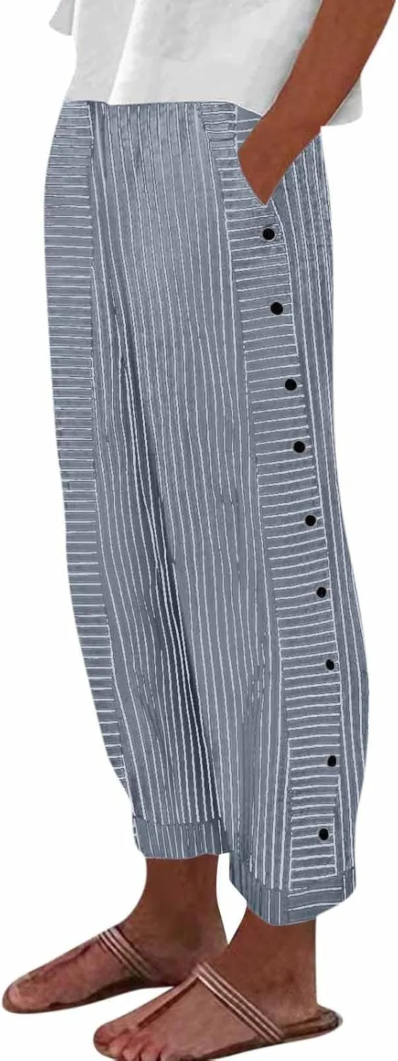 Summer Pants Women, Straight Leg Casual Pants Peasant Linen Elastic Waist Trendy