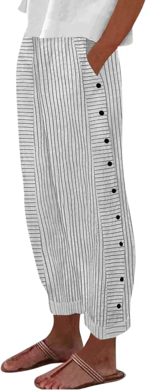 Summer Pants Women, Straight Leg Casual Pants Peasant Linen Elastic Waist Trendy